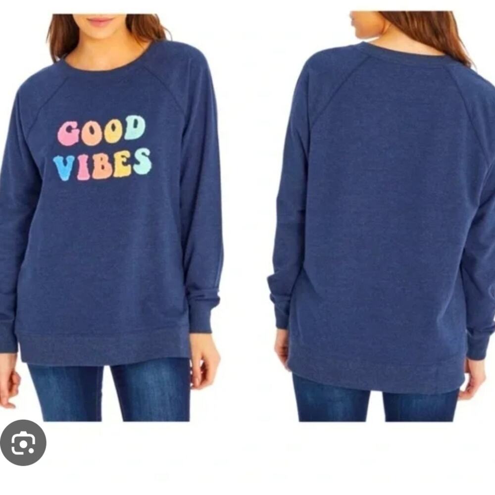 Wildfox Good Vibes Navy Sherpa Lettering Sweatshirt Size Medium